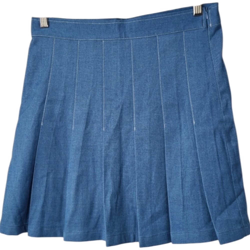 Cider Blue Pleated Chambray Mini Skirt High Waist Preppy Denim Look Skater, Med